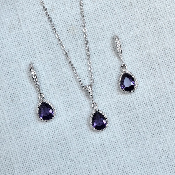 Delicate Small Classic Amethyst Purple Cubic Zirconia CZ Teardrop Halo Dangle Bridal Earrings and Necklace Set Wedding (Sparkle-3348)