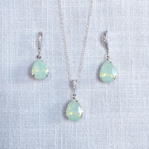 Small Swarovski Mint Green Chrysolite Opal Dangle Earrings, Necklace, Bracelet, Jewelry Set, Bridal, Wedding (Sparkle-3232)