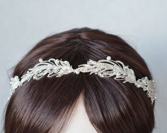 SALE Crystal Rhinestone & Pearl Feather Bridal Tiara, Wedding Hairband, Hair Piece, Tiara, Pearl, Bridal (Pearl-979)