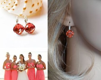 Bright Coral Swarovski Padparadscha Crystal Fancy Square Cushion Cut Leverback Dangle Earrings, Bridal, Wedding (Sparkle-2626-P)
