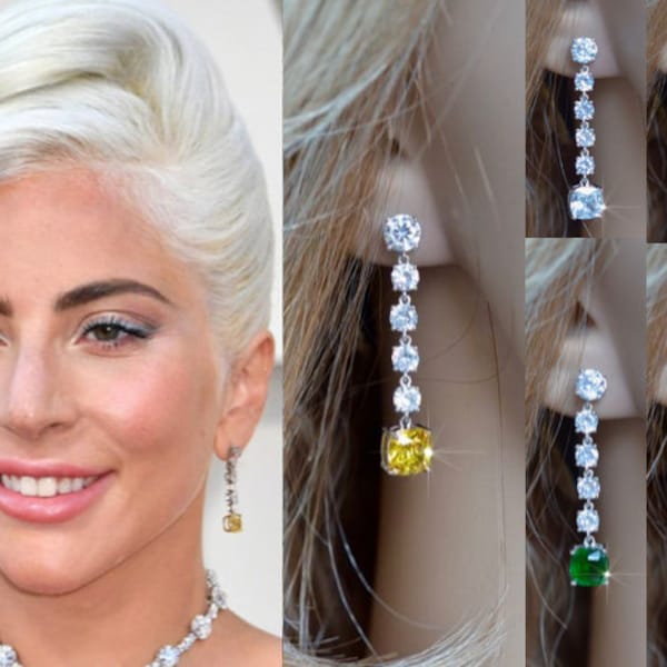 Celebrity Inspired Lady Gaga Academy Awards Earrings, Long Canary Yellow Cubic Zirconia CZ Drop Bridal Earrings, Wedding (Sparkle-3189-A)