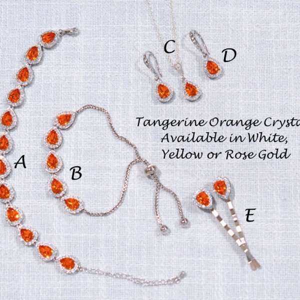 ALMOST GONE Tangerine Orange Crystal & Halo Pear Teardrop Earrings, Necklace, Bracelet, Hair Pins, Set, Bridal, Wedding (Sparkle-3276-TO)