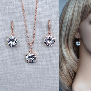 Dramatic Large Single Stone Clear Cubic Zirconia CZ Rose Gold Dangle Bridal Earrings, Necklace, Bridal, Wedding (Sparkle-3223)