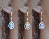 White Yellow or Rose Gold Clear Pear Cut Halo Cubic Zirconia CZ Dangle Teardrop Bridal Earrings, Necklace, Set, Wedding (Sparkle-3000)