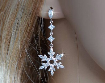 Exclusive White Gold Fancy Cut Clear Cubic Zirconia CZ Snowflake Dangle Earrings Necklace Set, Bridal Wedding (Sparkle-2737)