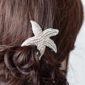 Hair Clip or Brooch, Rhodium (Silver) or Yellow Gold Clear Crystal Rhinestone Starfish Hair Clip, Bridal (Sparkle-2726)