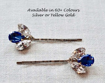 60+ Sold Set of 2 Handmade Swarovski Fancy Cuts Clear & Your Choice of Colour Crystal Rhinestone Hair Pins, Bridal, Wedding (Sparkle-2844)