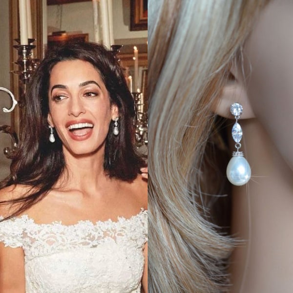 Amal Clooney Celebrity Inspired Cubic Zirconia CZ and Shell Pearl Triple Drop Dangle Bridal Earrings, Wedding (Pearl-964)
