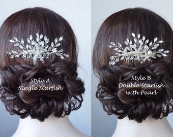 Single or Double Starfish Crystal Rhinestone Marquise Cut Spray Hair Comb, Beach or Destination Wedding, Bridal (Sparkle-3267)