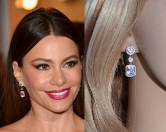 Sophia Vergara Celebrity Inspired Triple Drop Emerald Cut Clear Cubic Zirconia Dangle Earrings, Bridal, Wedding (Sparkle-2710-A)