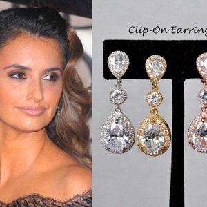 Large Rhodium, Yellow or Rose Gold Celebrity Inspired Classic Pear Cubic Zirconia CZ Dangle Clip-On Bridal Earrings, Wedding (Sparkle-2740)