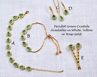 Austrian Crystal Peridot Green & Clear CZ Halo Pear Teardrop Earrings, Necklace, Bracelet, Hair Pins, Set, Bridal, Wedding (Sparkle-3276-PG)