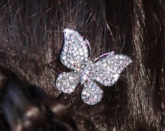 80+ Sold Hair Clip or Brooch, Pretty & Sparkly Clear Crystal Rhinestone Silvertone Butterfly Hair Clip or Brooch, Bridal (Sparkle-2494)