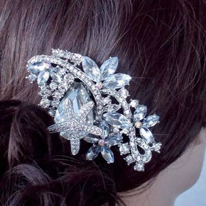 SALE Silver or Yellow Gold Vintage Inspired Crystal Rhinestone Starfish Hair Clip, Beach or Destination Wedding, Bridal (Sparkle-2400)