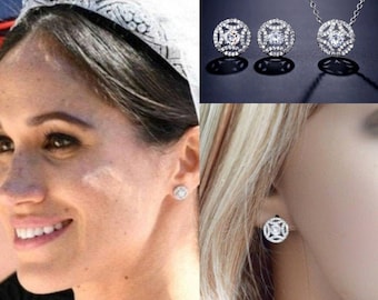 Royalty Replica Duchess of Sussex Meghan Markle Wedding Cubic Zirconia Earrings, Necklace, Set, Bridal, Wedding (Sparkle-3162)