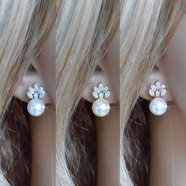 White, Yellow or Rose Gold Marquise Cut Clear Cubic Zirconia CZ and Swarovski Pearl Stud Bridal Earrings, Wedding (Pearl-923)