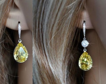 Handmade Light Yellow Jonquil Pear European Crystal Dangle Earrings, Jonquil Necklace, Jonquil Jewelry Set, Bridal, Wedding (Sparkle-2502)