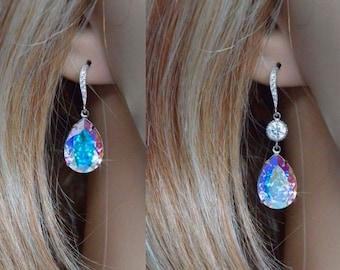 Aurora Borealis AB Pear Multi-Colour European Crystal Dangle Earrings, Necklace, Set, Bridal, Wedding (Sparkle-2354)