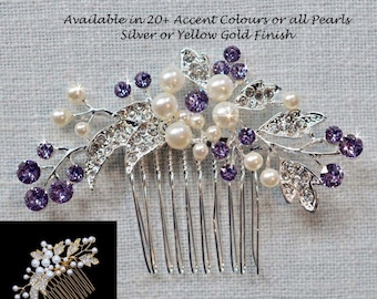Choose Your Accent Colour -- Silver or Yellow Gold Vintage Inspired Crystal Rhinestone & Pearl Bridal Hair Comb, Wedding (Pearl-753)