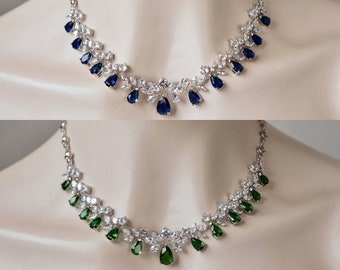 SALE Dramatic Sapphire Blue or Emerald Green Multi-Stone Cubic Zirconia CZ Bridal Necklace, Earrings, or Set, Bridal, Wedding (Sparkle-3324)