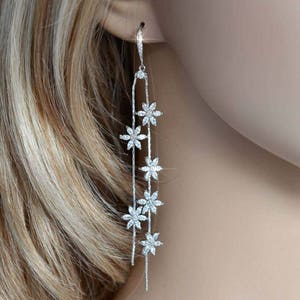 Rhodium, Yellow or Rose Gold Delicate Cubic Zirconia CZ Flower Long Tassel Dangle Earrings, Bridal, Wedding (Sparkle-2777)