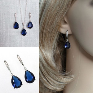 70+ Sold Handmade Classic Sapphire Blue Cubic Zirconia CZ Teardrop Necklace, Dangle Earrings, Sapphire Set, Bridal, Wedding (Sparkle-2274)