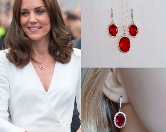 Royalty Replica Princess of Wales Oval Ruby Red & Clear Cubic Zirconia Dangle Necklace Earrings Set, Bridal, Wedding (Sparkle-2687)