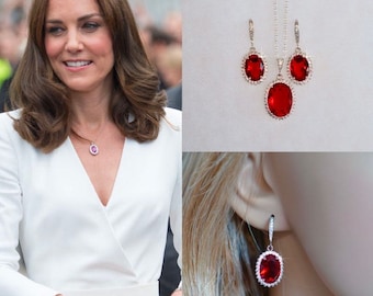 Royalty Replica Princess of Wales Oval Ruby Red & Clear Cubic Zirconia Dangle Necklace Earrings Set, Bridal, Wedding (Sparkle-2687)