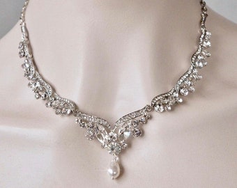 75+ Sold Silver or Gold Vintage Inspired Crystal Rhinestone & Swarovski Pear Pearl Bridal Necklace and Earring Set, Bridal (Pearl-938)