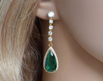 NEW Long Emerald Green Teardrop Halo Yellow Gold Cubic Zirconia CZ Dangle Earrings, Wedding, Bridal (Sparkle-3434)