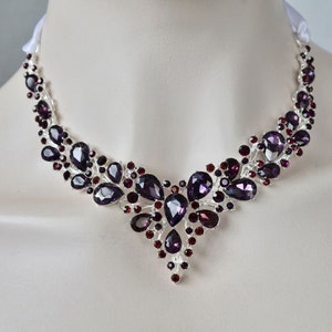 Dramatic Vintage Inspired Fancy Cut Amethyst Purple Crystal Rhinestone Statement Necklace and Earring Set, Wedding (Sparkle-3171-AM)