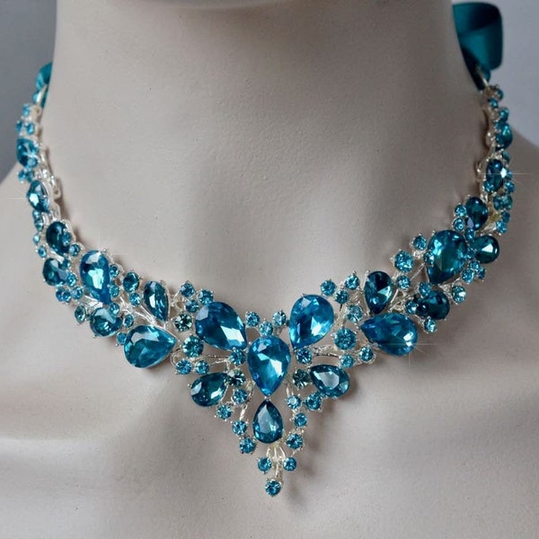 Dramatic Vintage Inspired Fancy Cut Light Turquoise Crystal Rhinestone Statement Necklace and Earring Set, Wedding (Sparkle-3171-LT)