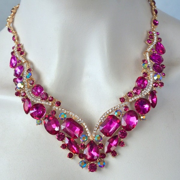 Dramatic Vintage Inspired Fancy Cut Fuchsia Pink Crystal Rhinestone Bridal Necklace and Earring Set, Wedding (Sparkle-3137-FU)
