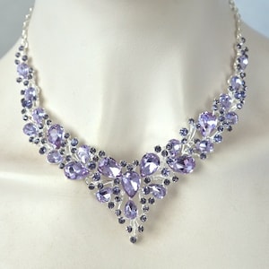 Dramatic Vintage Inspired Fancy Cut Violet Lavender Crystal Rhinestone Statement Necklace and Earring Set, Wedding (Sparkle-3171-V)