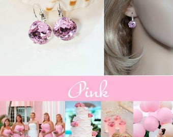 Swarovski Rose Pink Crystal Fancy Square Cushion Cut Leverback Dangle Earrings, Bridal, Wedding (Sparkle-2626-P)