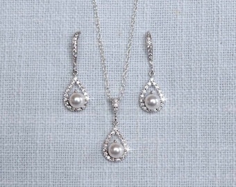 80+ Sold Delicate Handmade Cubic Zirconia CZ & Swarovski Pearl Teardrop Dangle Bridal Earrings, Necklace, Set, Bridal, Wedding (Pearl-896)