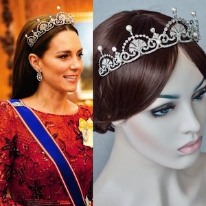 UITVERKOOP Royalty-reproductie Princess of Wales &quot;Lotus Flower Tiara&quot; Cubic Zirkonia CZ & Pearl diadeem bruids haarband bruiloft (Sparkle-3015-A)