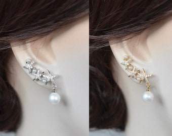 White or Yellow Gold Delicate Cubic Zirconia CZ Starfish & Shell Pearl Ear Climber Bridal Earrings, Beach Wedding (Pearl-991)