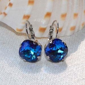 Bermuda Blue Swarovski Crystal Fancy Square Cushion Cut Leverback Dangle Earrings, Bridal, Wedding (Sparkle-2626-BB)