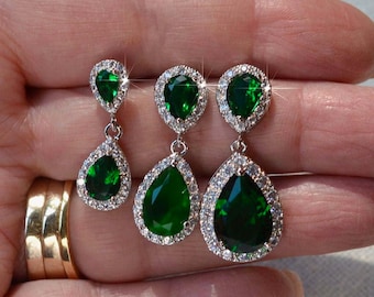 Classic Emerald Green Cubic Zirconia CZ Small, Medium or Large Teardrop Dangle Bridal Earrings, Bridal (Sparkle-2879)