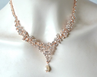 SALE Rose Gold Vintage Inspired Crystal Rhinestone & Swarovski Pear Pearl Bridal Necklace and Earring Set, Bridal, Wedding (Pearl-990)
