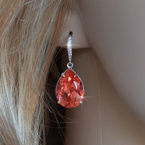 LAST PAIR Handmade Bright Coral Swarovski Padparadscha Pear Cut Crystal Earrings, Necklace, Set, Bridal, Wedding Sparkle-2644 image 2