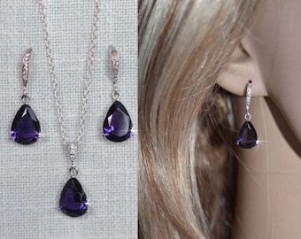 Collar clásico morado oscuro con colgante en forma de lágrima y pendientes colgantes de circonita cúbica, conjunto morado oscuro, nupcial, boda (Sparkle-2988)