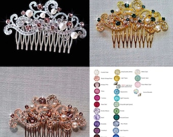 SALE Silver, Yellow or Rose Gold Choose Your Accent Colour Vintage Inspired Crystal Rhinestone and Pearl Hair Comb, Bridal (Pearl-761)