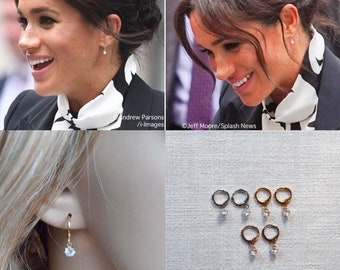 Dainty White, Yellow or Rose Gold Royalty Replica Duchess of Sussex CZ Lever Back Huggie Bridal Earrings (Sparkle-3091)