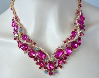 Fuchsia Pink Crystal Rhinestone Bridal Necklace and Earring Set (Sparkle-3137-FU)