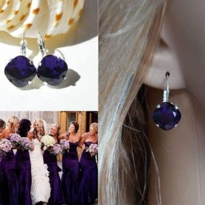Purple Velvet Crystal Fancy Square Cushion Cut European Crystal Leverback Dangle Earrings, Bridal, Wedding (Sparkle-2626-PV)