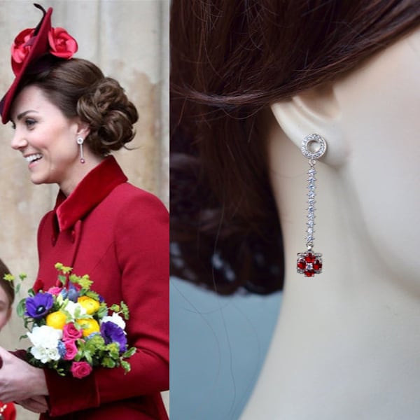 Royalty Replica Princess of Wales Duchess of Cambridge Ruby Red & Clear Cubic Zirconia Long Dangle Earrings, Bridal, Wedding (Sparkle-3252)