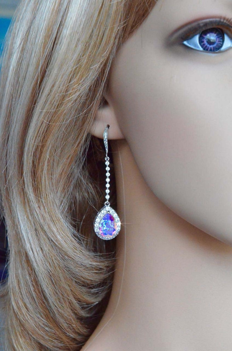 Sparkle-3050 Handmade Long Aurora Borealis AB Cubic Zirconia CZ Teardrop Dangle Bridal Earrings Aurora Borealis Bracelet Wedding Bridal