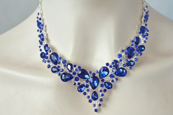 Sapphire Blue Crystal Statement Necklace and Earring Set (Sparkle-3171-S)